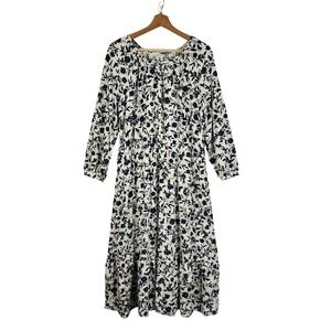 Old Navy Floral Peasant Midi Dress Navy White 3/4 Sleeve Tiered Cottagecore Boho